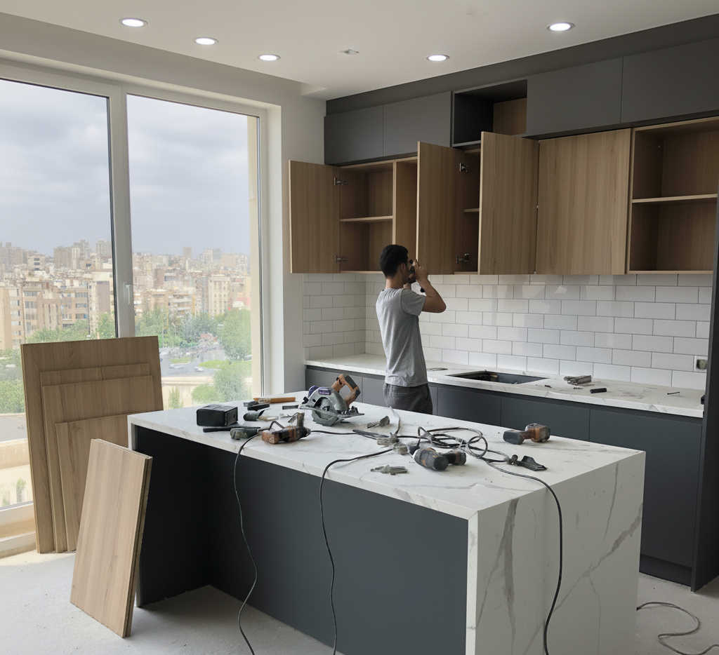 طراحی آشپزخانه مینیمال مدرن با جزیره یکپارچه سنگی، تم رنگی طوسی مات و نورپردازی وظیفه‌ای زیر کابینت در پروژه بازسازی تهران.