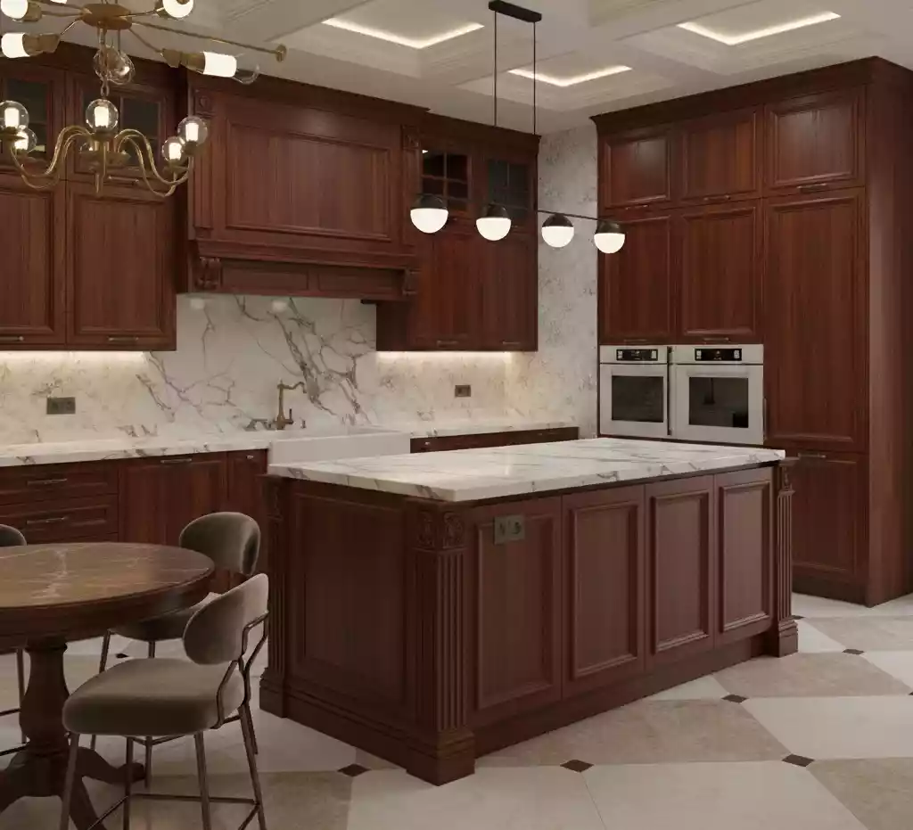 بازسازی آشپزخانه به سبک کلاسیک؛ کابینت‌ تمام چوب در تهران | عمارت آرا