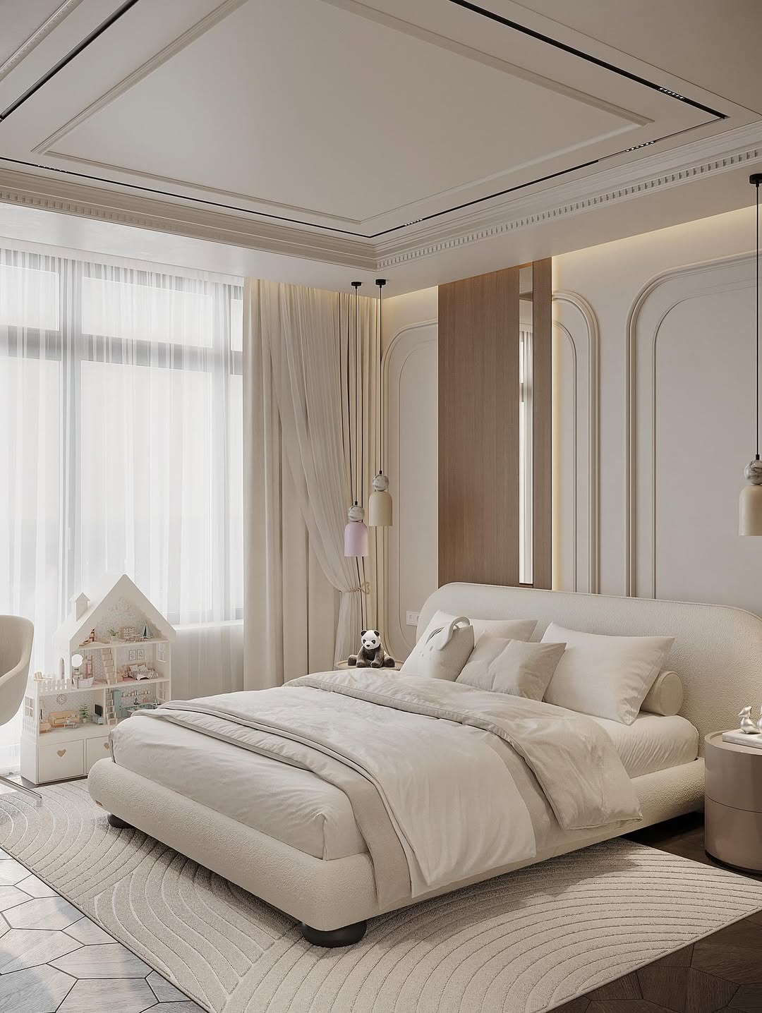 طراحی داخلی اتاق خواب نئوکلاسیک با قاب‌بندی ظریف دیوار، سقف کاذب با لاین نوری و چراغ‌های آویز دکوراتیو مدرن.