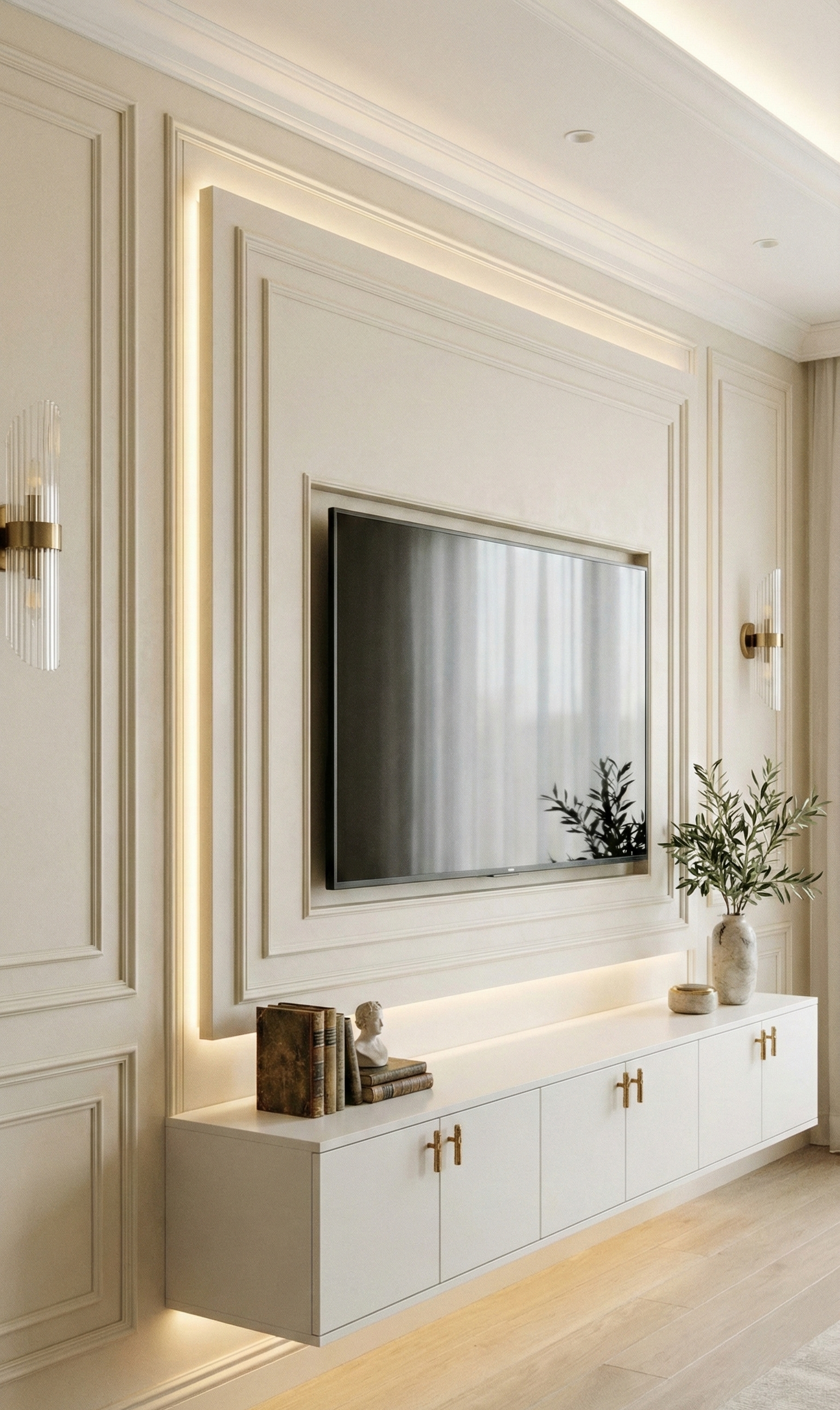 طراحی تی وی وال نئو کلاسیک در تهران؛ اجرای دکوراسیون داخلی شیک با نورپردازی مخفی و دیوارکوب توسط عمارت آرا