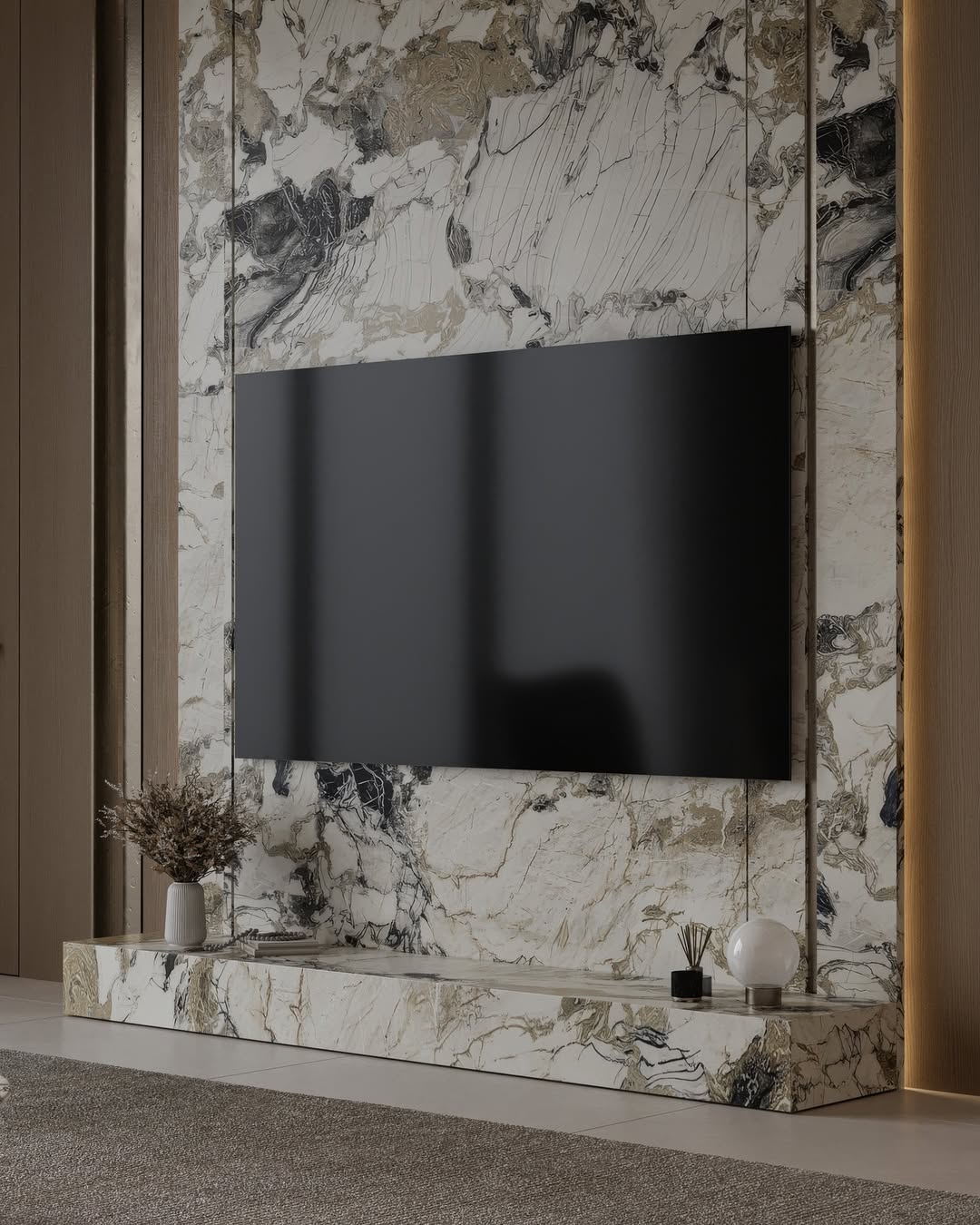طراحی و اجرای تخصصی تی وی وال مدرن با سرامیک اسلب و نورپردازی لوکس توسط عمارت آرا