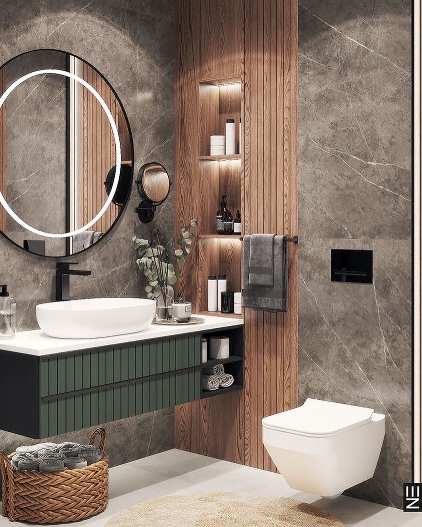 طراحی داخلی حمام با کابینت روشویی سبز تیره، آینه گرد نوری و نورپردازی نقطه‌ای داخل باکس‌های چوبی